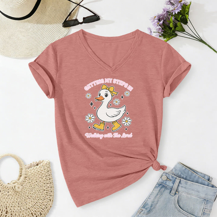 Christianartworkshop Meine Schritte sammeln – Walking With The Lord Cartoon Duck Daisy Casual V-Neck T-Shirt - Hellrosa - 2XL - image 8