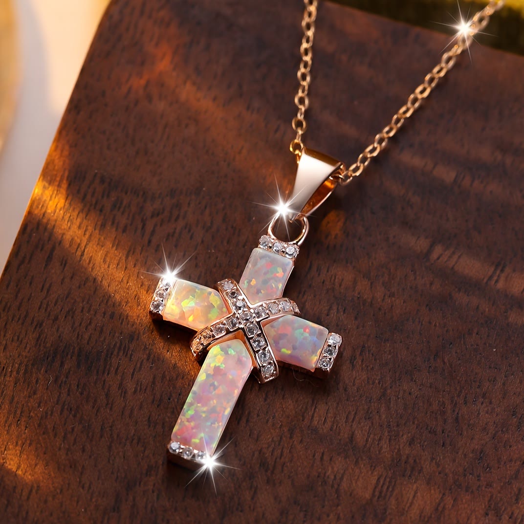 Christianartworkshop Opal-besetztes Kreuz-Anhänger mit Zirkonia-Fassung und zarter Ankerkette: Ein Symbol reinen Glaubens - image 1