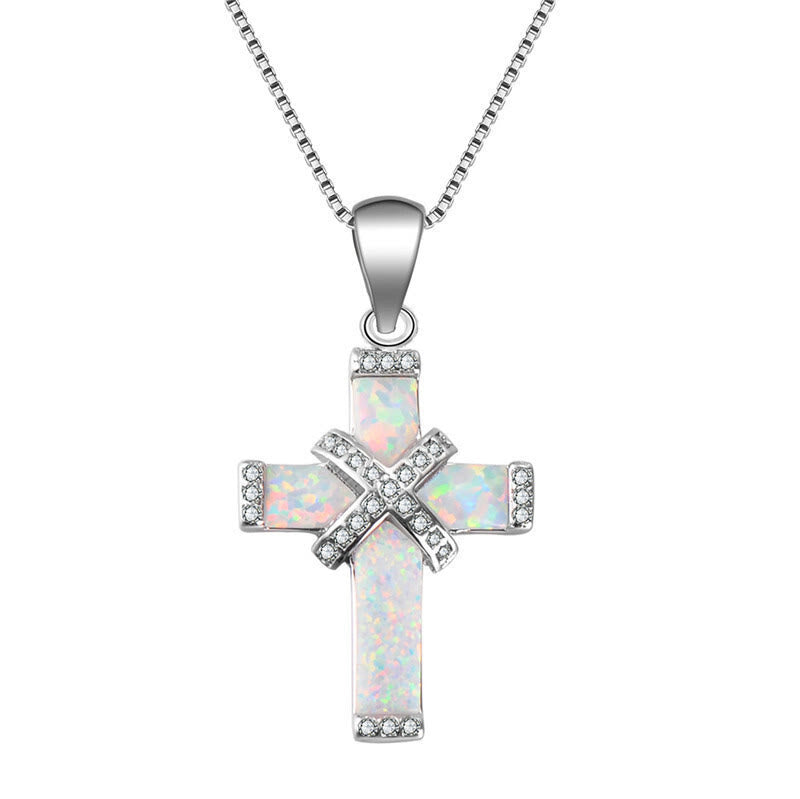 Christianartworkshop Opal-besetztes Kreuz-Anhänger mit Zirkonia-Fassung und zarter Ankerkette: Ein Symbol reinen Glaubens - Silber - image 4