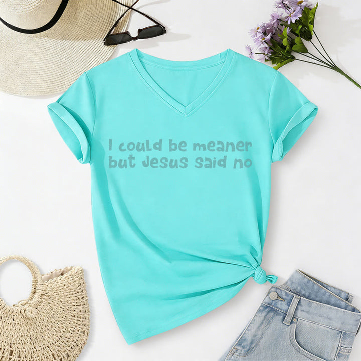 Christianartworkshop "Ich könnte gemeiner sein, aber Jesus hat Nein gesagt" Lustiges Glaubens-Freizeit-T-Shirt mit V-Ausschnitt - Himmelblau - 2XL - image 20