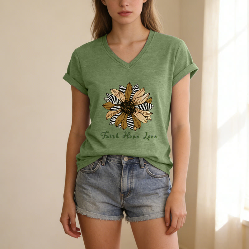 Christianartworkshop Faith Hope Love Zebra Print Sunflower Casual V-Neck T-Shirt - image 19
