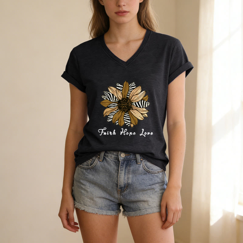 Christianartworkshop Faith Hope Love Zebra Print Sunflower Casual V-Neck T-Shirt - image 15