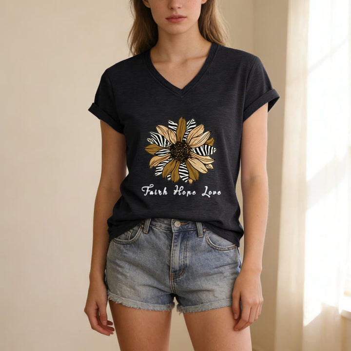 Christianartworkshop Faith Hope Love Zebra Print Sunflower Casual V-Neck T-Shirt - image 15