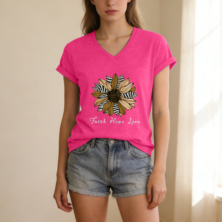 Christianartworkshop Faith Hope Love Zebra Print Sunflower Casual V-Neck T-Shirt - image 3