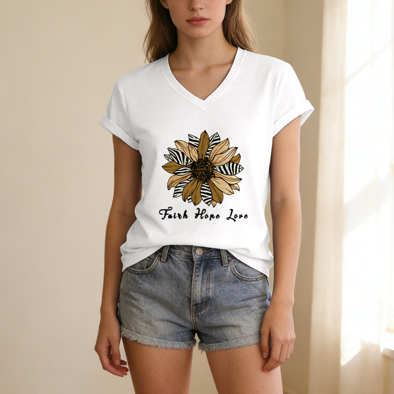 Christianartworkshop Faith Hope Love Zebra Print Sunflower Casual V-Neck T-Shirt - image 21