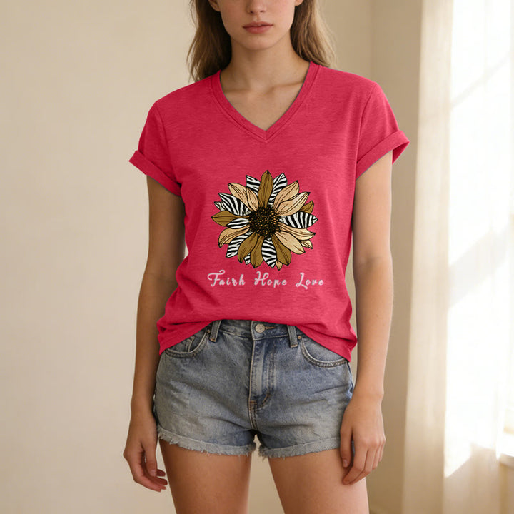 Christianartworkshop Faith Hope Love Zebra Print Sunflower Casual V-Neck T-Shirt - image 1