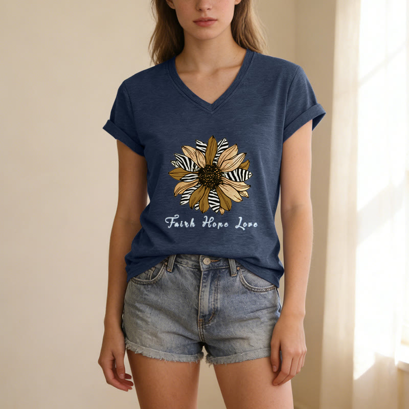 Christianartworkshop Faith Hope Love Zebra Print Sunflower Casual V-Neck T-Shirt - image 7