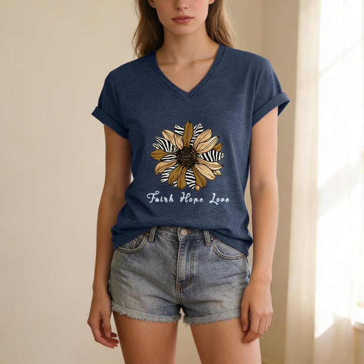 Christianartworkshop Faith Hope Love Zebra Print Sunflower Casual V-Neck T-Shirt - image 7