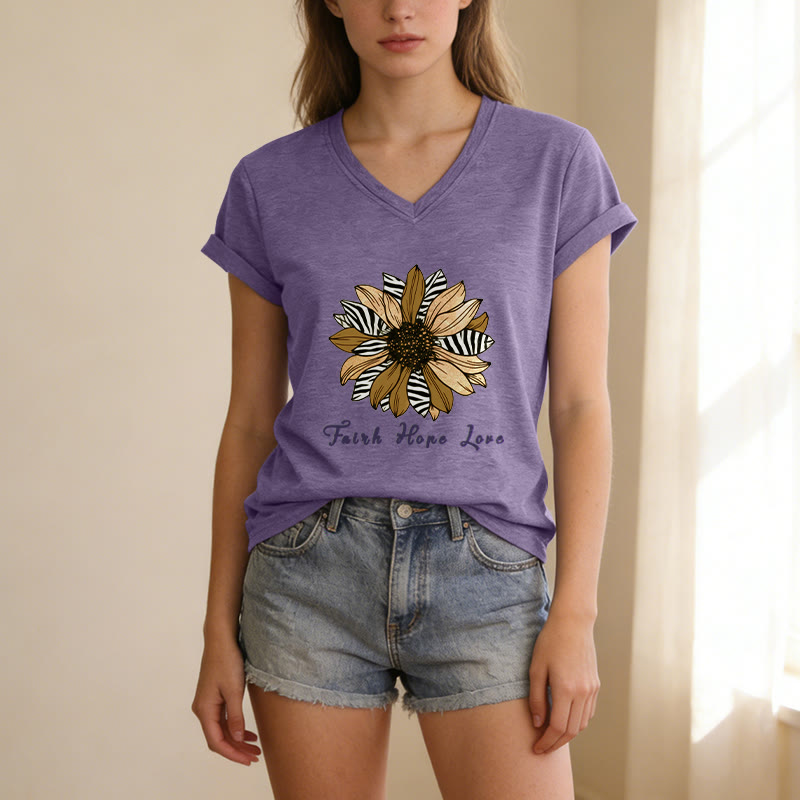 Christianartworkshop Faith Hope Love Zebra Print Sunflower Casual V-Neck T-Shirt - image 5