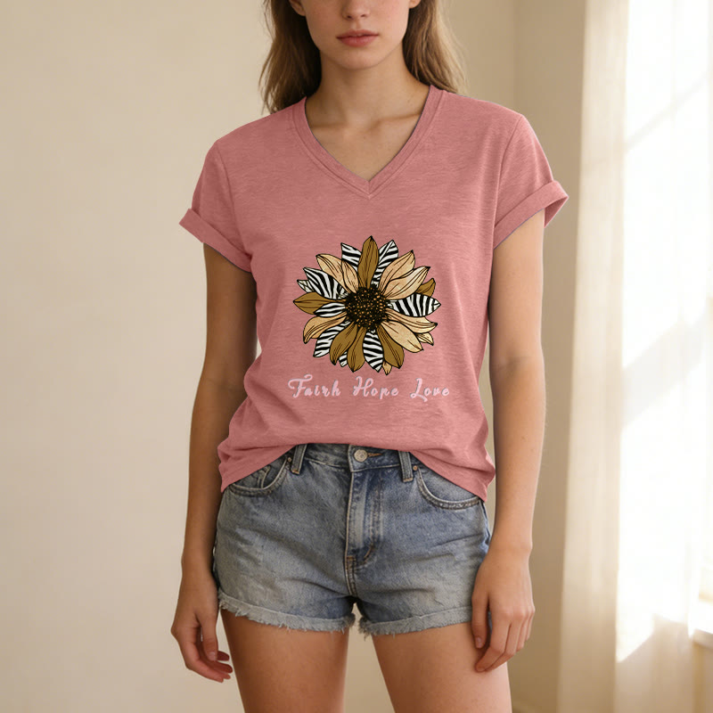 Christianartworkshop Faith Hope Love Zebra Print Sunflower Casual V-Neck T-Shirt - image 13
