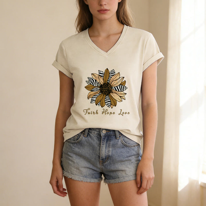 Christianartworkshop Faith Hope Love Zebra Print Sunflower Casual V-Neck T-Shirt - image 11
