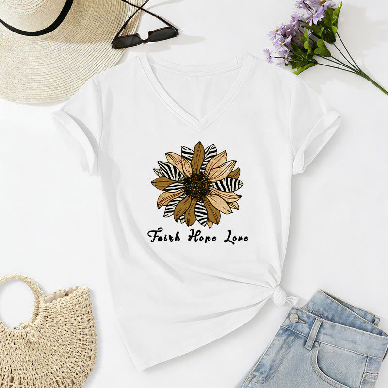Christianartworkshop Faith Hope Love Zebra Print Sunflower Casual V-Neck T-Shirt - Weiß - 2XL - image 20