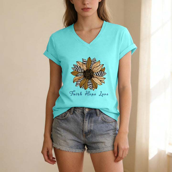 Christianartworkshop Faith Hope Love Zebra Print Sunflower Casual V-Neck T-Shirt - image 23