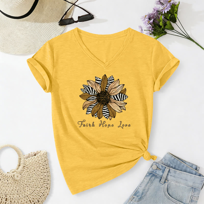 Christianartworkshop Faith Hope Love Zebra Print Sunflower Casual V-Neck T-Shirt - Gelb - 2XL - image 16