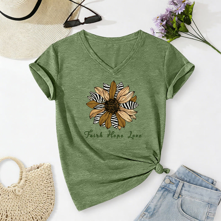 Christianartworkshop Faith Hope Love Zebra Print Sunflower Casual V-Neck T-Shirt - Olivgrün - 2XL - image 18