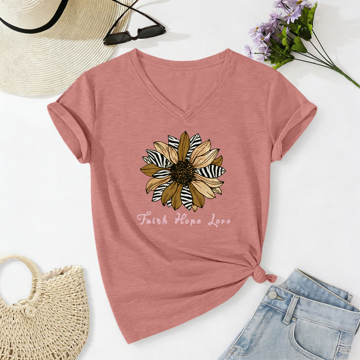 Christianartworkshop Faith Hope Love Zebra Print Sunflower Casual V-Neck T-Shirt - Hellrosa - 2XL - image 12