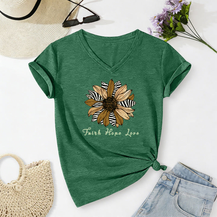 Christianartworkshop Faith Hope Love Zebra Print Sunflower Casual V-Neck T-Shirt - Dunkelgrün - 2XL - image 24