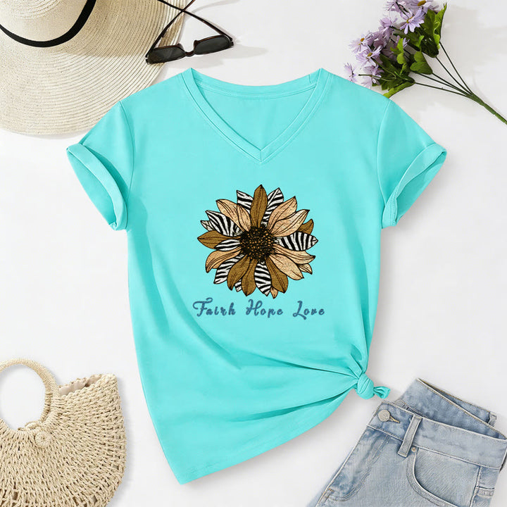 Christianartworkshop Faith Hope Love Zebra Print Sunflower Casual V-Neck T-Shirt - Himmelblau - 2XL - image 22