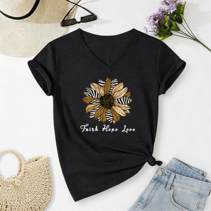Christianartworkshop Faith Hope Love Zebra Print Sunflower Casual V-Neck T-Shirt - Schwarz - 2XL - image 14