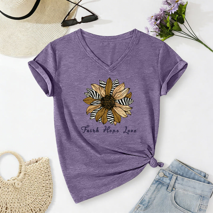 Christianartworkshop Faith Hope Love Zebra Print Sunflower Casual V-Neck T-Shirt - Lila - 2XL - image 4