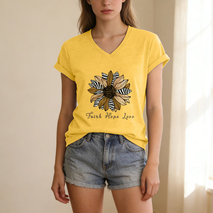 Christianartworkshop Faith Hope Love Zebra Print Sunflower Casual V-Neck T-Shirt - image 17