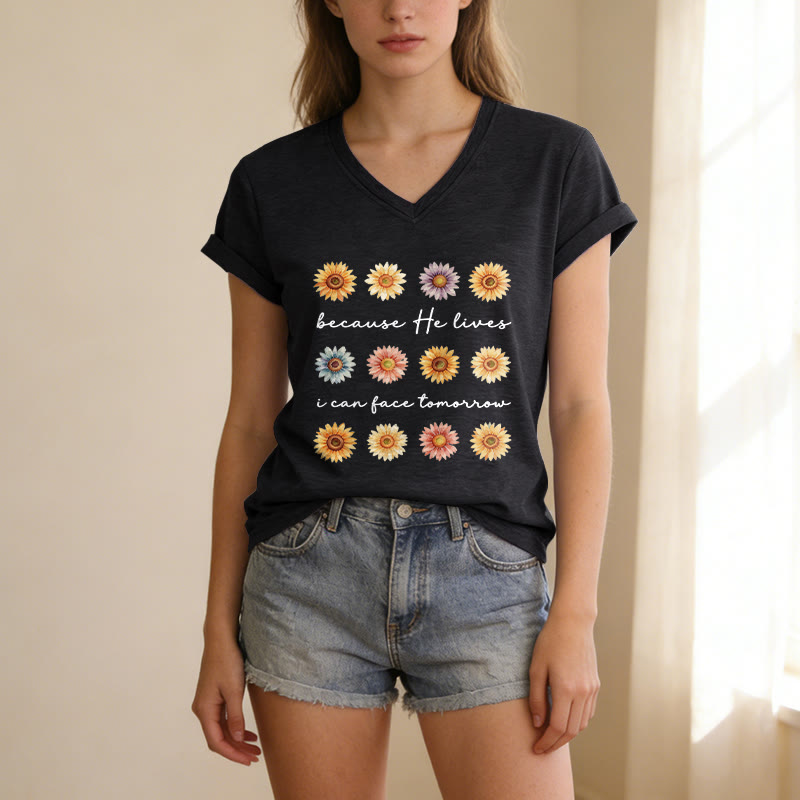 Christianartworkshop Weil er lebt, kann ich dem Morgen entgegensehen – Lässiges T-Shirt mit Gänseblümchenmuster und V-Ausschnitt - image 15