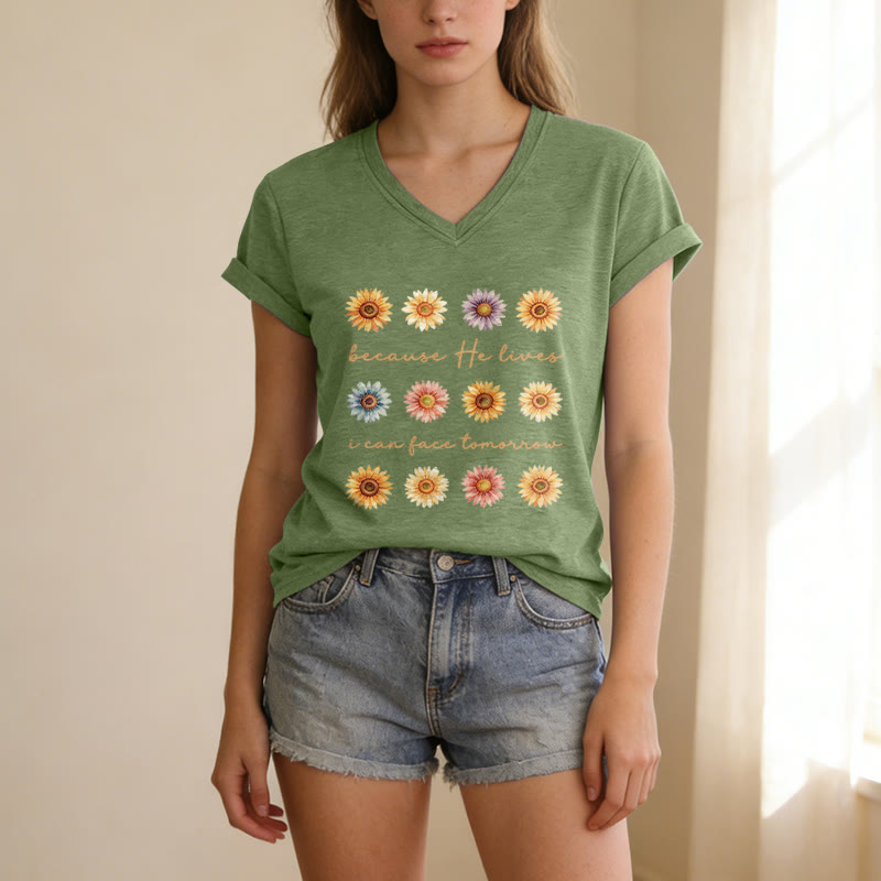 Christianartworkshop Weil er lebt, kann ich dem Morgen entgegensehen – Lässiges T-Shirt mit Gänseblümchenmuster und V-Ausschnitt - image 19