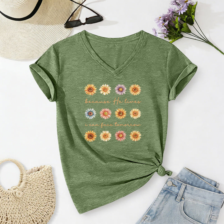 Christianartworkshop Weil er lebt, kann ich dem Morgen entgegensehen – Lässiges T-Shirt mit Gänseblümchenmuster und V-Ausschnitt - Olivgrün - 2XL - image 18