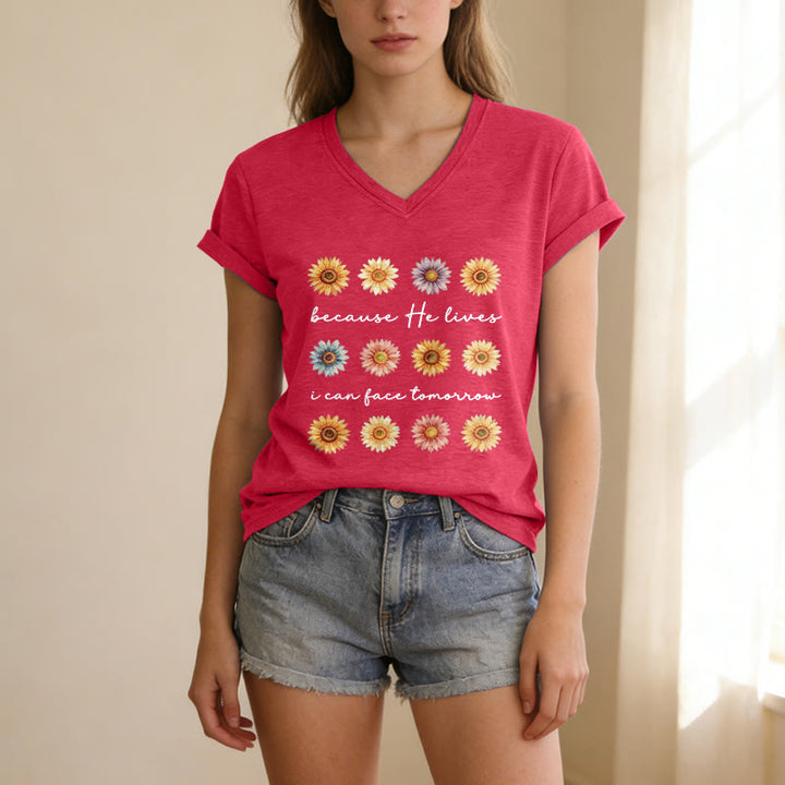 Christianartworkshop Weil er lebt, kann ich dem Morgen entgegensehen – Lässiges T-Shirt mit Gänseblümchenmuster und V-Ausschnitt - image 3