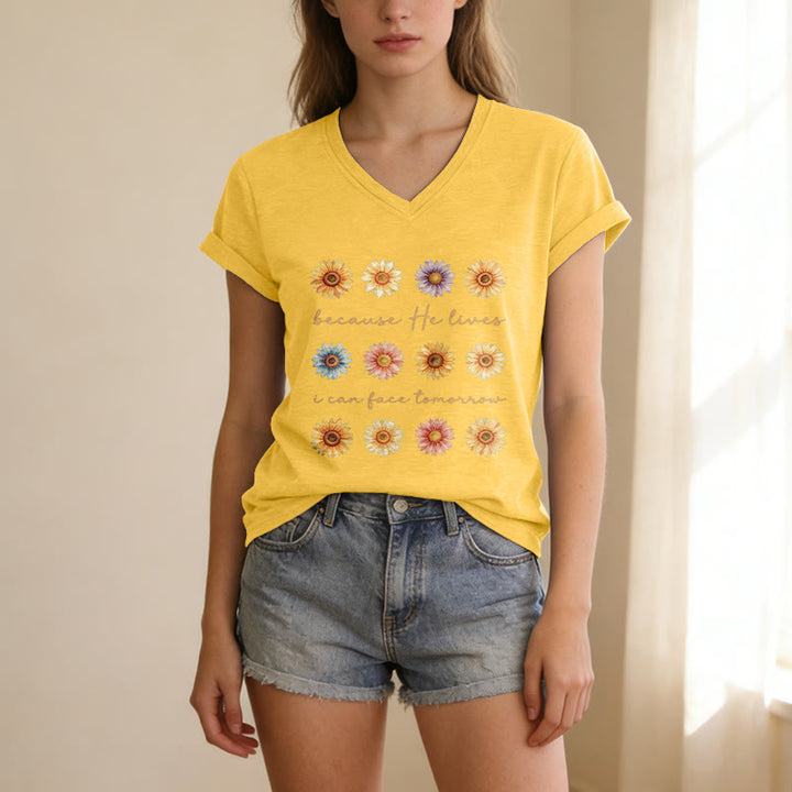 Christianartworkshop Weil er lebt, kann ich dem Morgen entgegensehen – Lässiges T-Shirt mit Gänseblümchenmuster und V-Ausschnitt - image 17