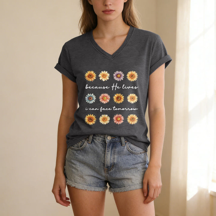 Christianartworkshop Weil er lebt, kann ich dem Morgen entgegensehen – Lässiges T-Shirt mit Gänseblümchenmuster und V-Ausschnitt - image 11
