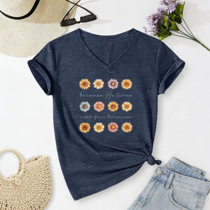 Christianartworkshop Weil er lebt, kann ich dem Morgen entgegensehen – Lässiges T-Shirt mit Gänseblümchenmuster und V-Ausschnitt - Marineblau - 2XL - image 8