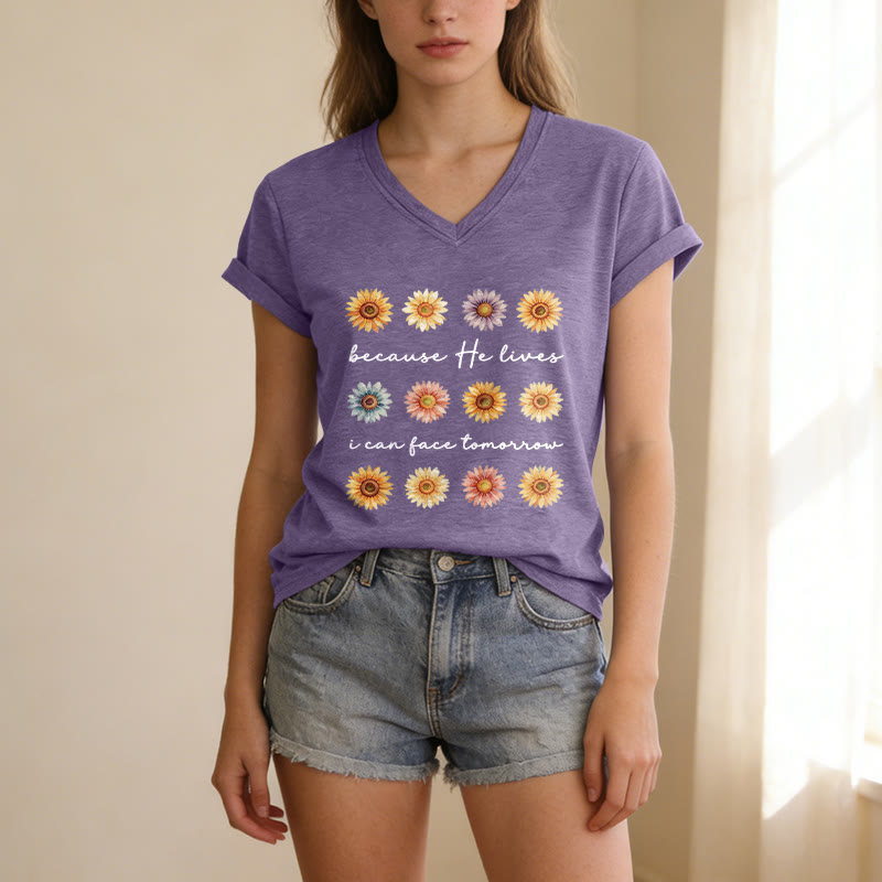 Christianartworkshop Weil er lebt, kann ich dem Morgen entgegensehen – Lässiges T-Shirt mit Gänseblümchenmuster und V-Ausschnitt - image 7