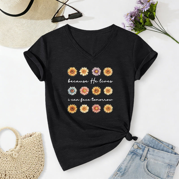 Christianartworkshop Weil er lebt, kann ich dem Morgen entgegensehen – Lässiges T-Shirt mit Gänseblümchenmuster und V-Ausschnitt - Schwarz - 2XL - image 14
