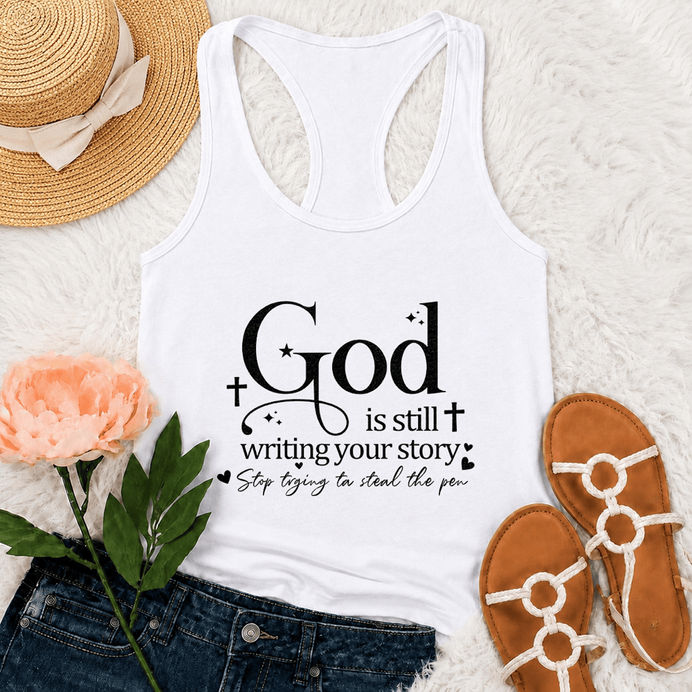 Christianartworkshop Gott schreibt noch immer deine Geschichte – Christliches Racerback-Tanktop - Weiß - 2XL - image 6