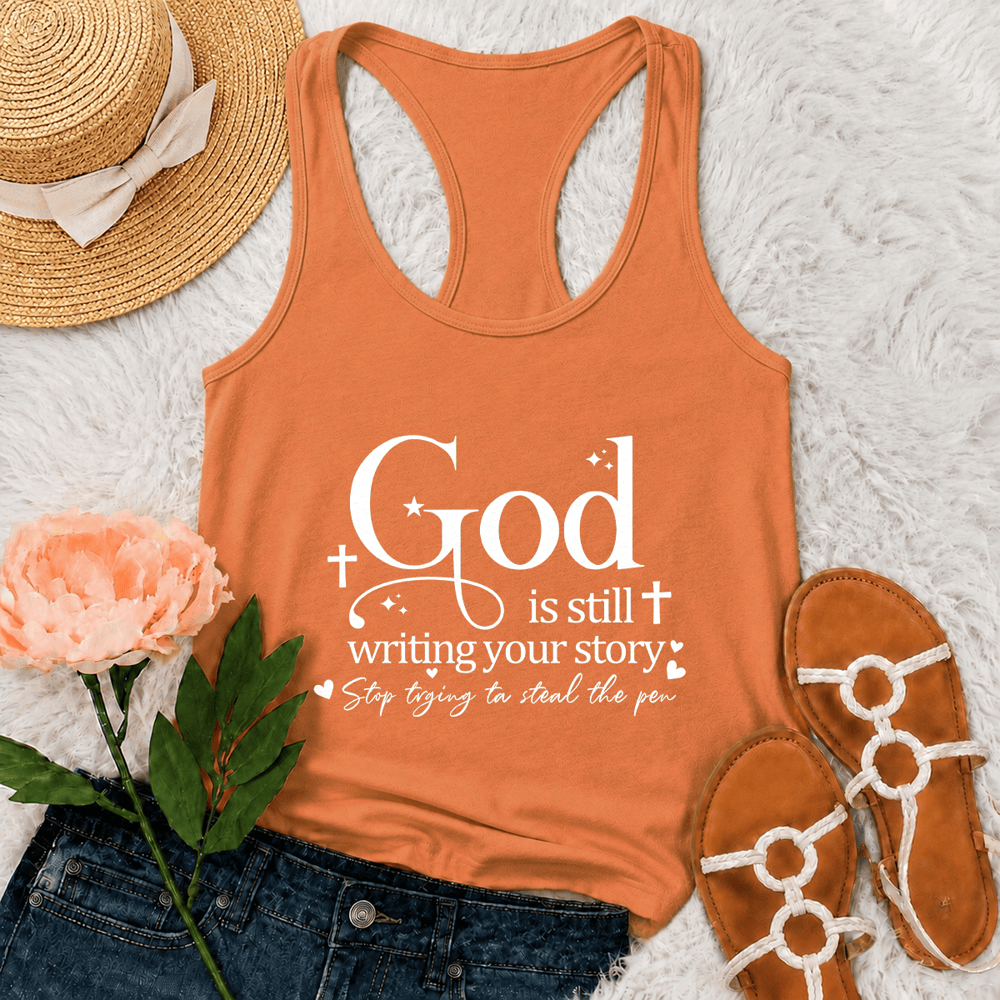 Christianartworkshop Gott schreibt noch immer deine Geschichte – Christliches Racerback-Tanktop - Orange - 2XL - image 27