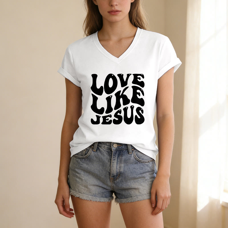 Christianartworkshop „Liebe wie Jesus“-Retro-T-Shirt mit Bubble-Letter-Aufdruck und V-Ausschnitt - image 21