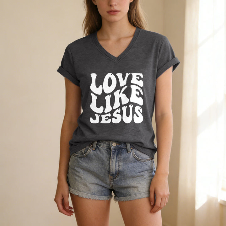 Christianartworkshop „Liebe wie Jesus“-Retro-T-Shirt mit Bubble-Letter-Aufdruck und V-Ausschnitt - image 11
