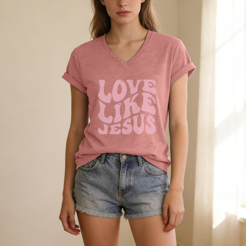Christianartworkshop „Liebe wie Jesus“-Retro-T-Shirt mit Bubble-Letter-Aufdruck und V-Ausschnitt - image 13