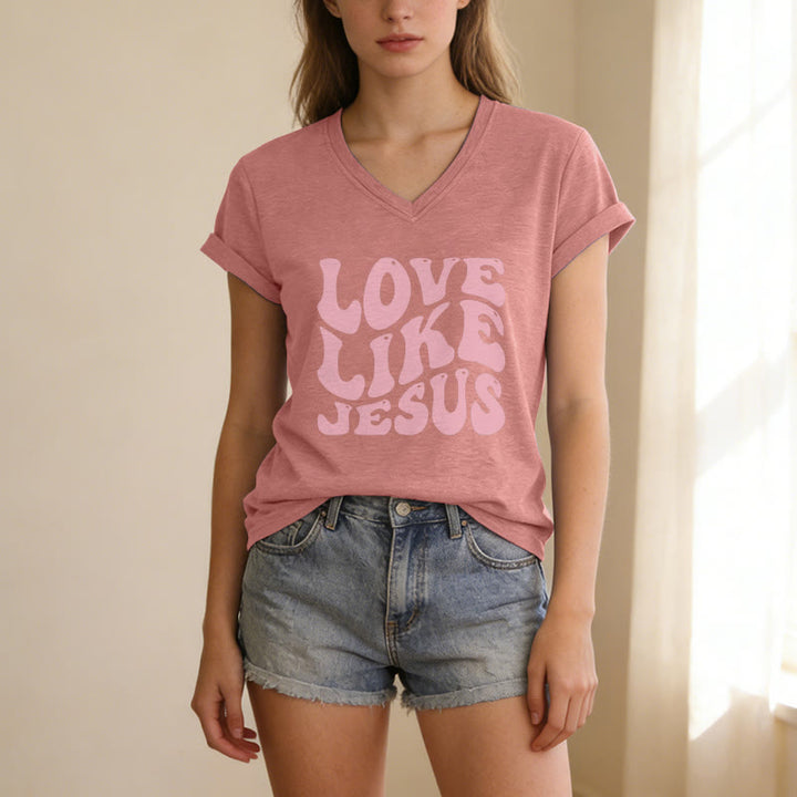Christianartworkshop „Liebe wie Jesus“-Retro-T-Shirt mit Bubble-Letter-Aufdruck und V-Ausschnitt - image 13