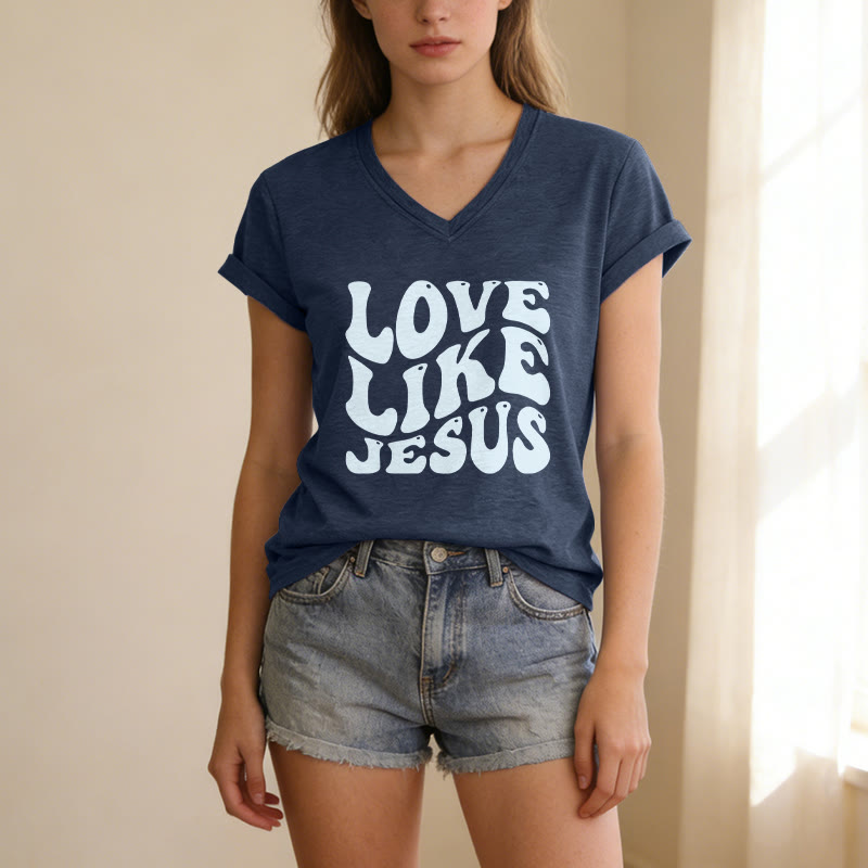 Christianartworkshop „Liebe wie Jesus“-Retro-T-Shirt mit Bubble-Letter-Aufdruck und V-Ausschnitt - image 3