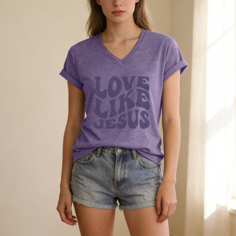Christianartworkshop „Liebe wie Jesus“-Retro-T-Shirt mit Bubble-Letter-Aufdruck und V-Ausschnitt - image 9