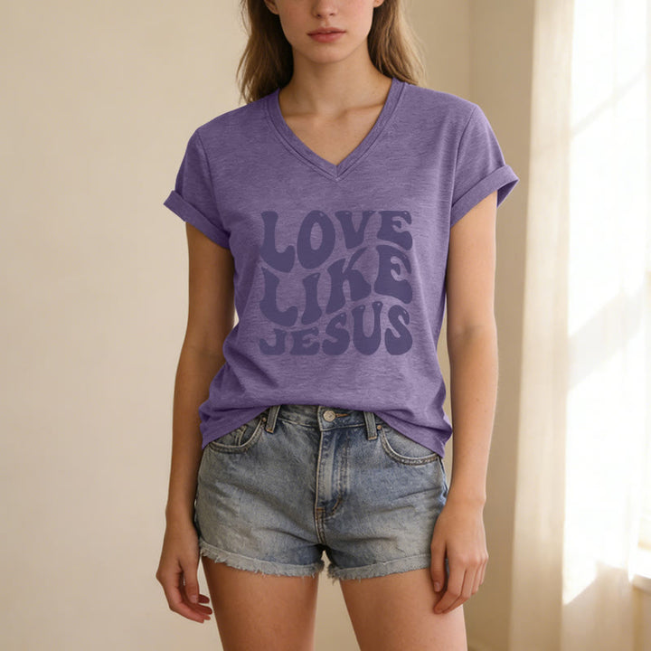 Christianartworkshop „Liebe wie Jesus“-Retro-T-Shirt mit Bubble-Letter-Aufdruck und V-Ausschnitt - image 9