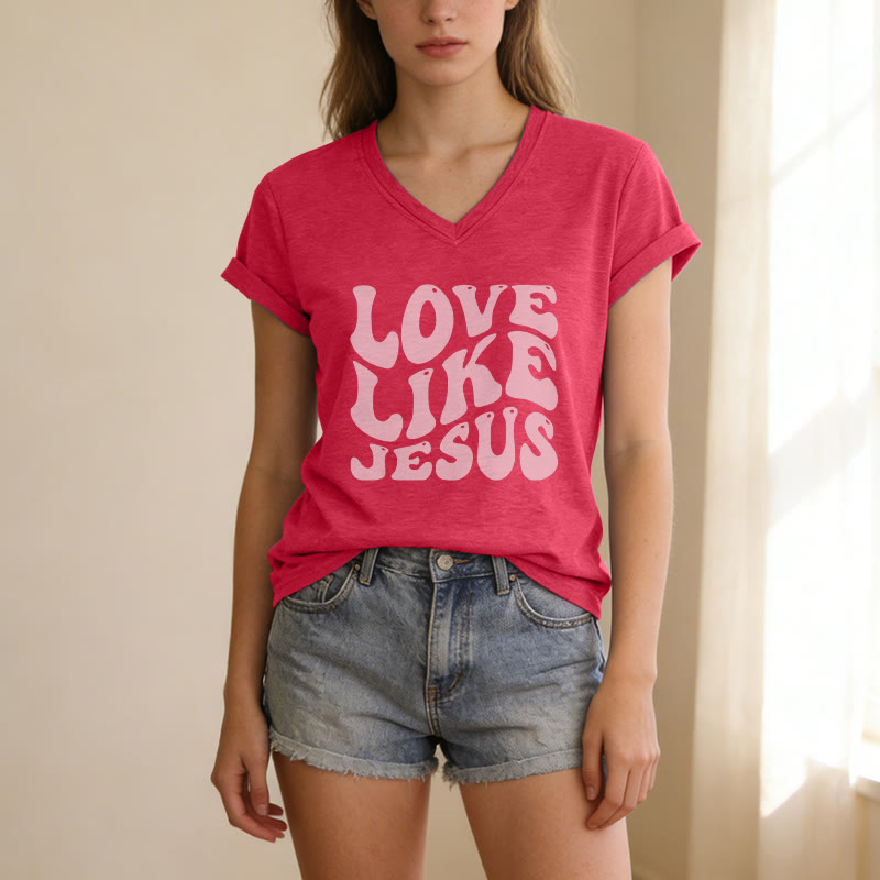 Christianartworkshop „Liebe wie Jesus“-Retro-T-Shirt mit Bubble-Letter-Aufdruck und V-Ausschnitt - image 7