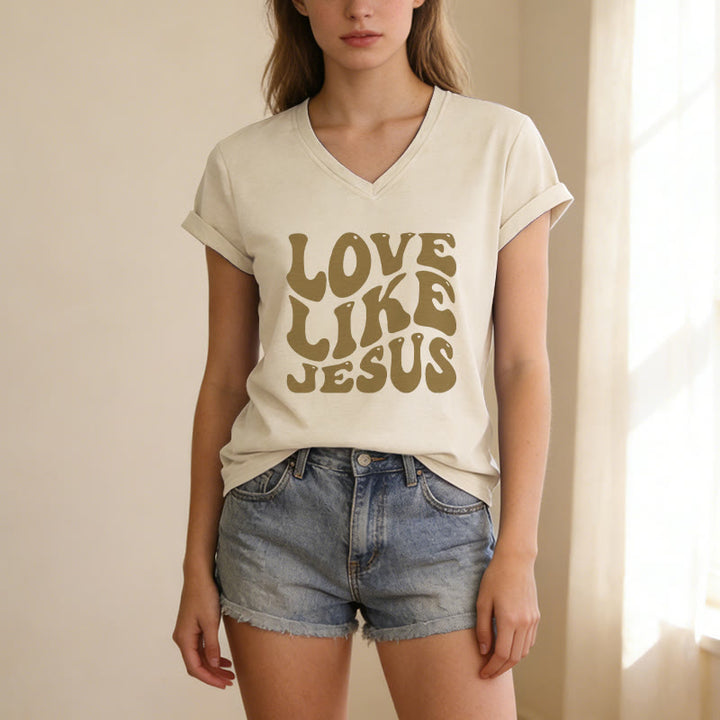 Christianartworkshop „Liebe wie Jesus“-Retro-T-Shirt mit Bubble-Letter-Aufdruck und V-Ausschnitt - image 5