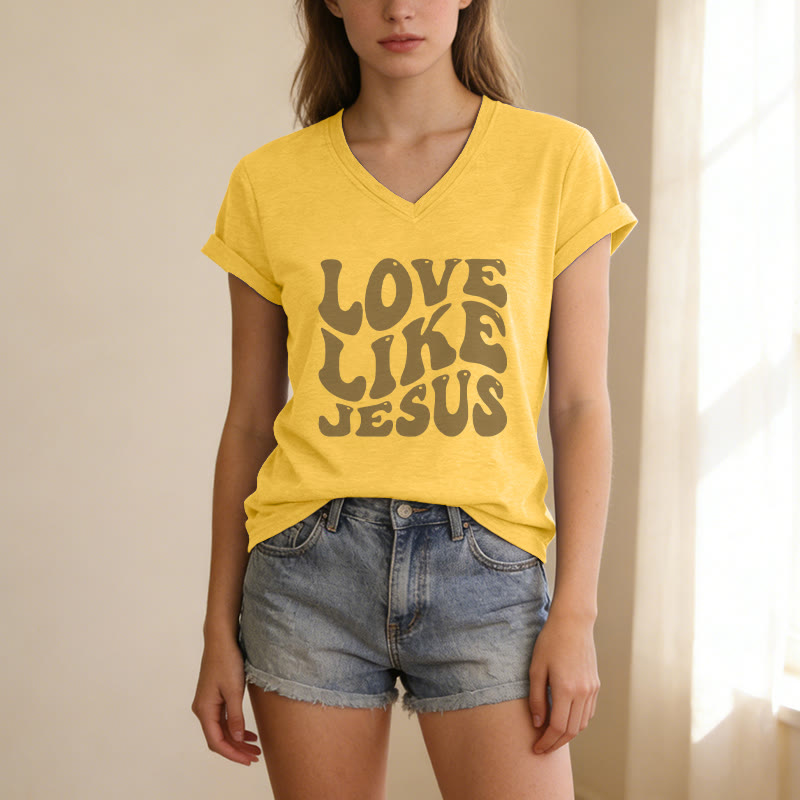 Christianartworkshop „Liebe wie Jesus“-Retro-T-Shirt mit Bubble-Letter-Aufdruck und V-Ausschnitt - image 17