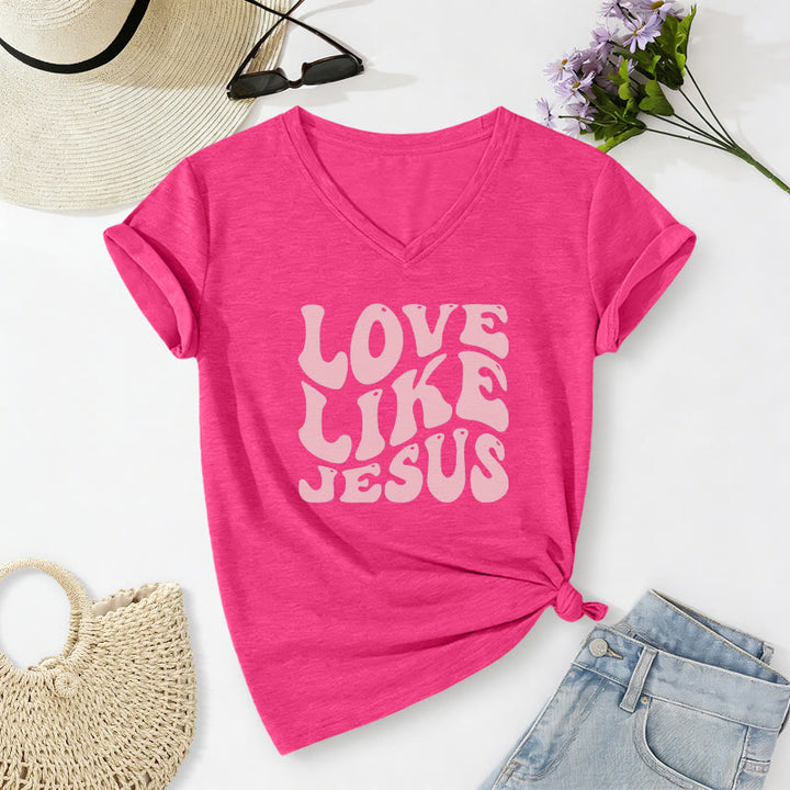 Christianartworkshop „Liebe wie Jesus“-Retro-T-Shirt mit Bubble-Letter-Aufdruck und V-Ausschnitt - Rose - 2XL - image 0