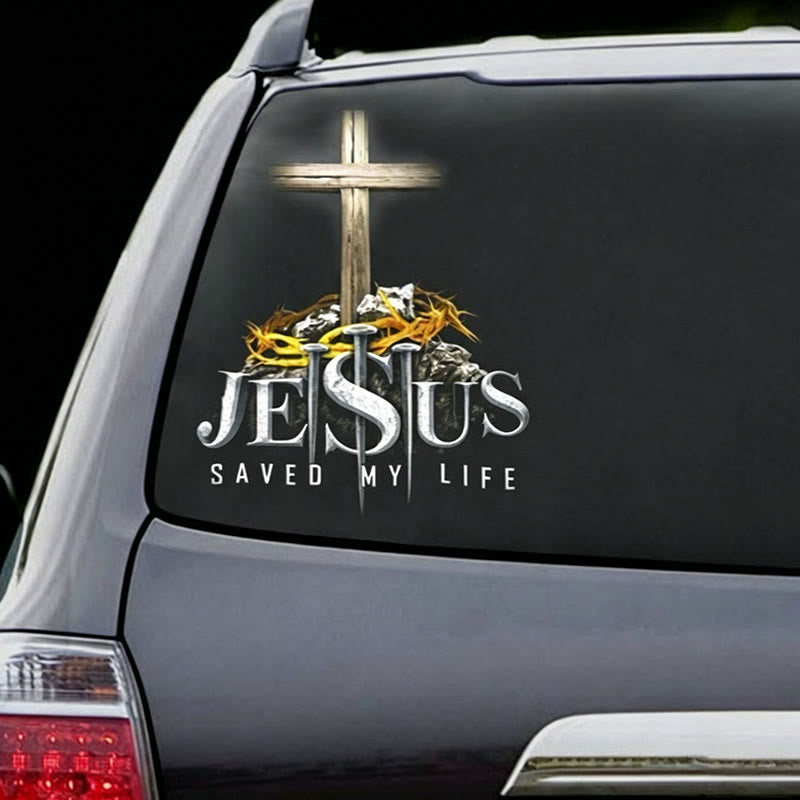 Christianartworkshop Kreuz, Dornenkrone, Nägel – JESUS ​​RETTETE MEIN LEBEN – Wasserdichter Autoaufkleber: Ein Symbol des erlösenden Opfers - image 1