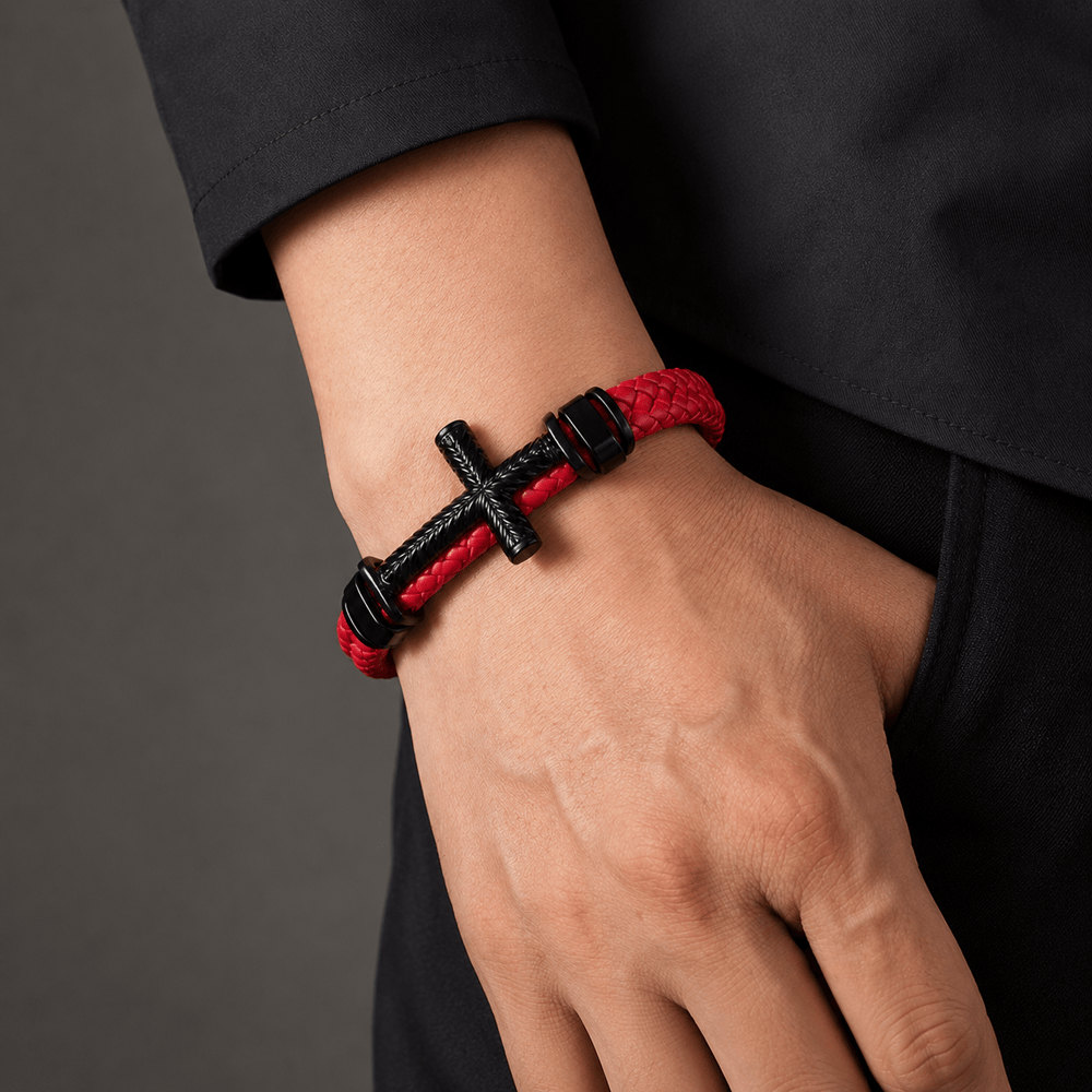 Christianartworkshop 4-farbiges geflochtenes Lederarmband mit Kreuz und geprägten Details: Ein Symbol unerschütterlichen Glaubens - image 1