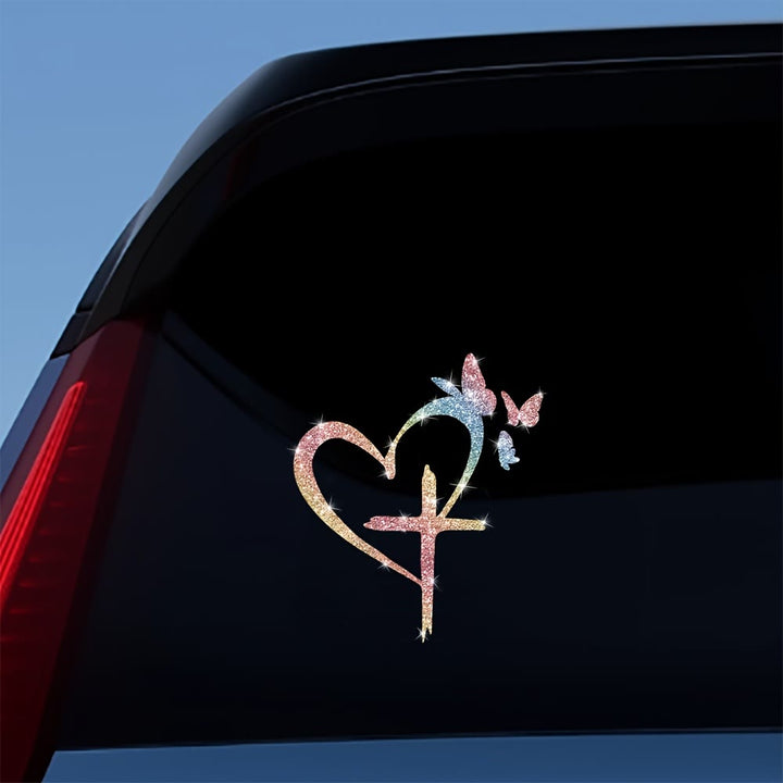 Christianartworkshop Glitzernder Autoaufkleber mit Herz, Kreuz und Schmetterlingssilhouette – wasserfest: Ein Symbol heiliger Liebe - image 7